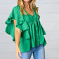 Sea Green Button Ruffle Woven Top - DAVERRI FASHIONS