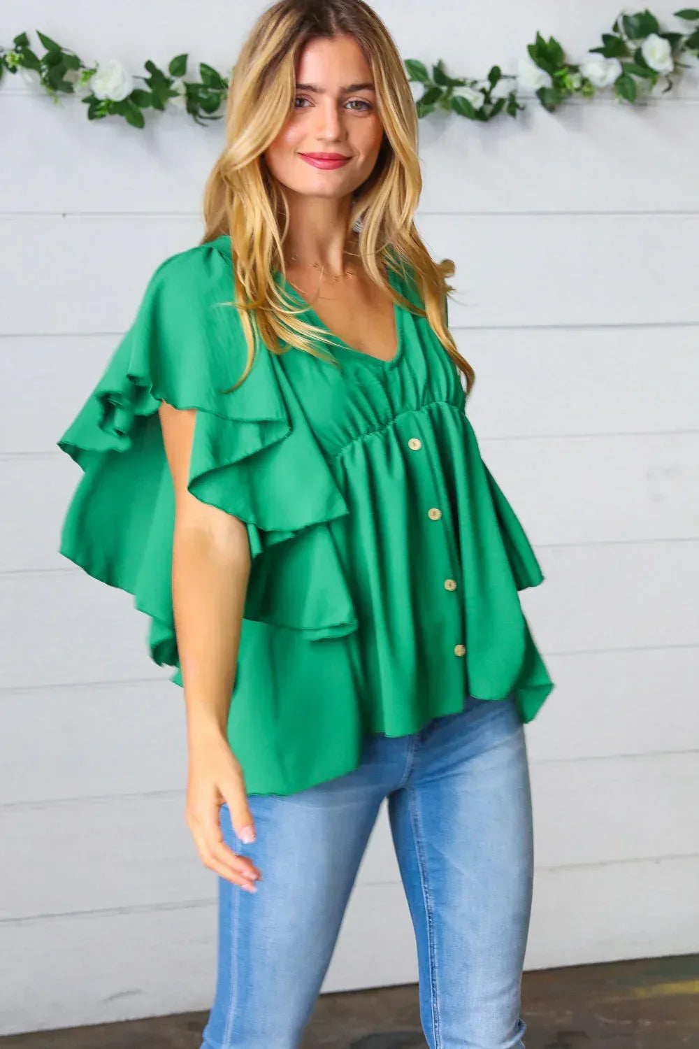 Sea Green Button Ruffle Woven Top - DAVERRI FASHIONS