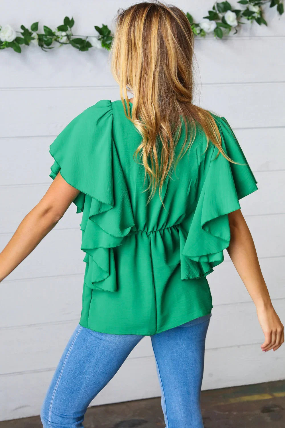 Sea Green Button Ruffle Woven Top | Daverri Fashions