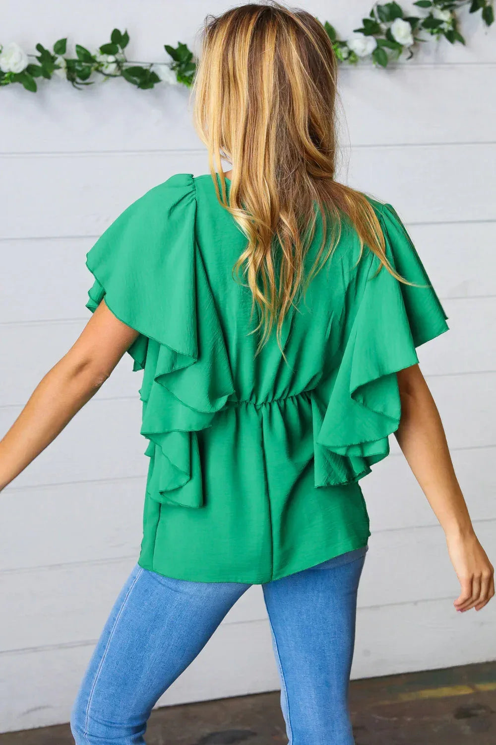 Sea Green Button Ruffle Woven Top - DAVERRI FASHIONS