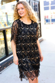 Feeling The Love Black & Gold Diamond Pattern Sequin Fringe Dress | Daverri Fashions