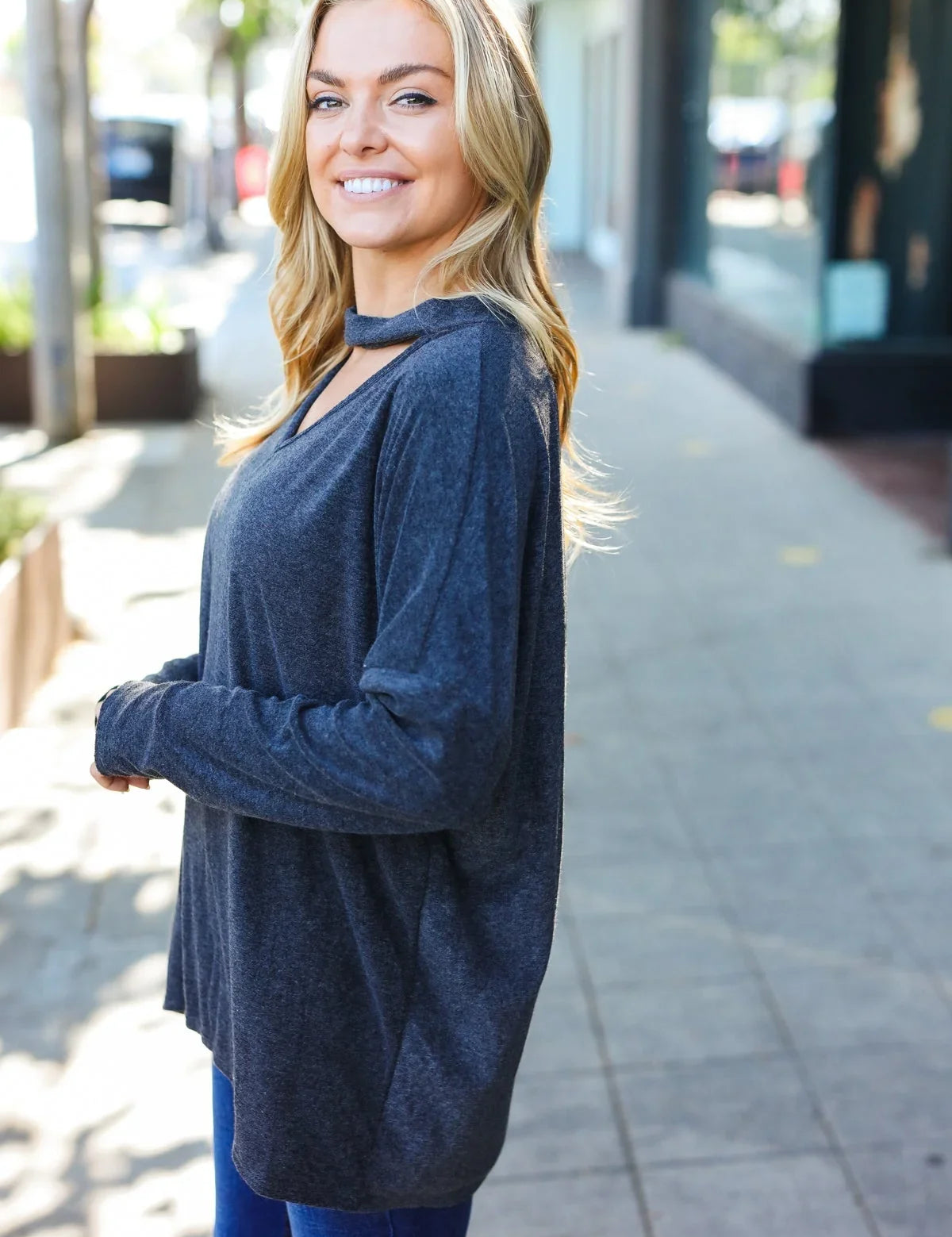 Casual Chic Solid Grey Choker Long Sleeve Hacci Pullover | Daverri Fashions