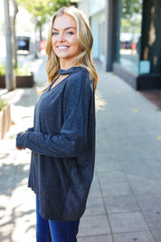 Casual Chic Solid Grey Choker Long Sleeve Hacci Pullover | Daverri Fashions