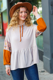 Taupe & Rust Turtleneck Babydoll Terry Top in Beige and Orange Patchwork