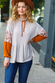 Beige and orange patchwork blouse with drawstring neckline