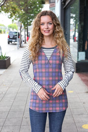 Feeling Playful Plaid/Stripe Outseam Stitch Elbow Patch Pullover | Daverri Fashions