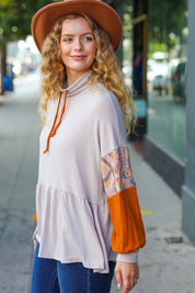 Taupe and rust turtleneck babydoll terry top with patchwork hoodie and hat