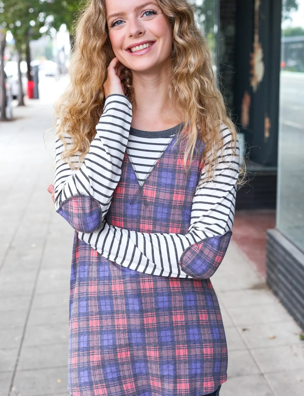 Stripe Outseam Stitch Elbow Patch Pullover | Daverri Fashions