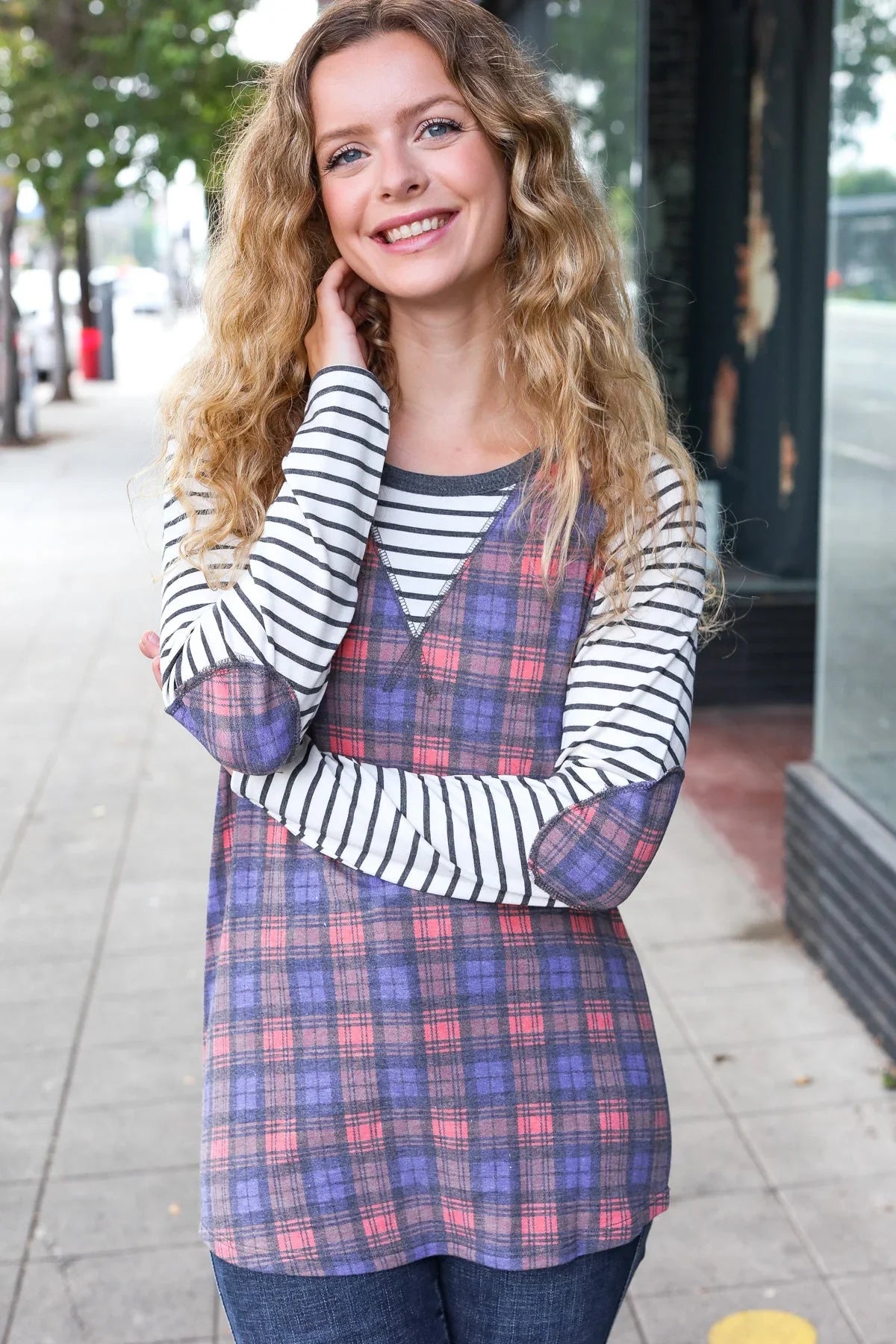 Feeling Playful Plaid/Stripe Outseam Stitch Elbow Patch Pullover | Daverri Fashions