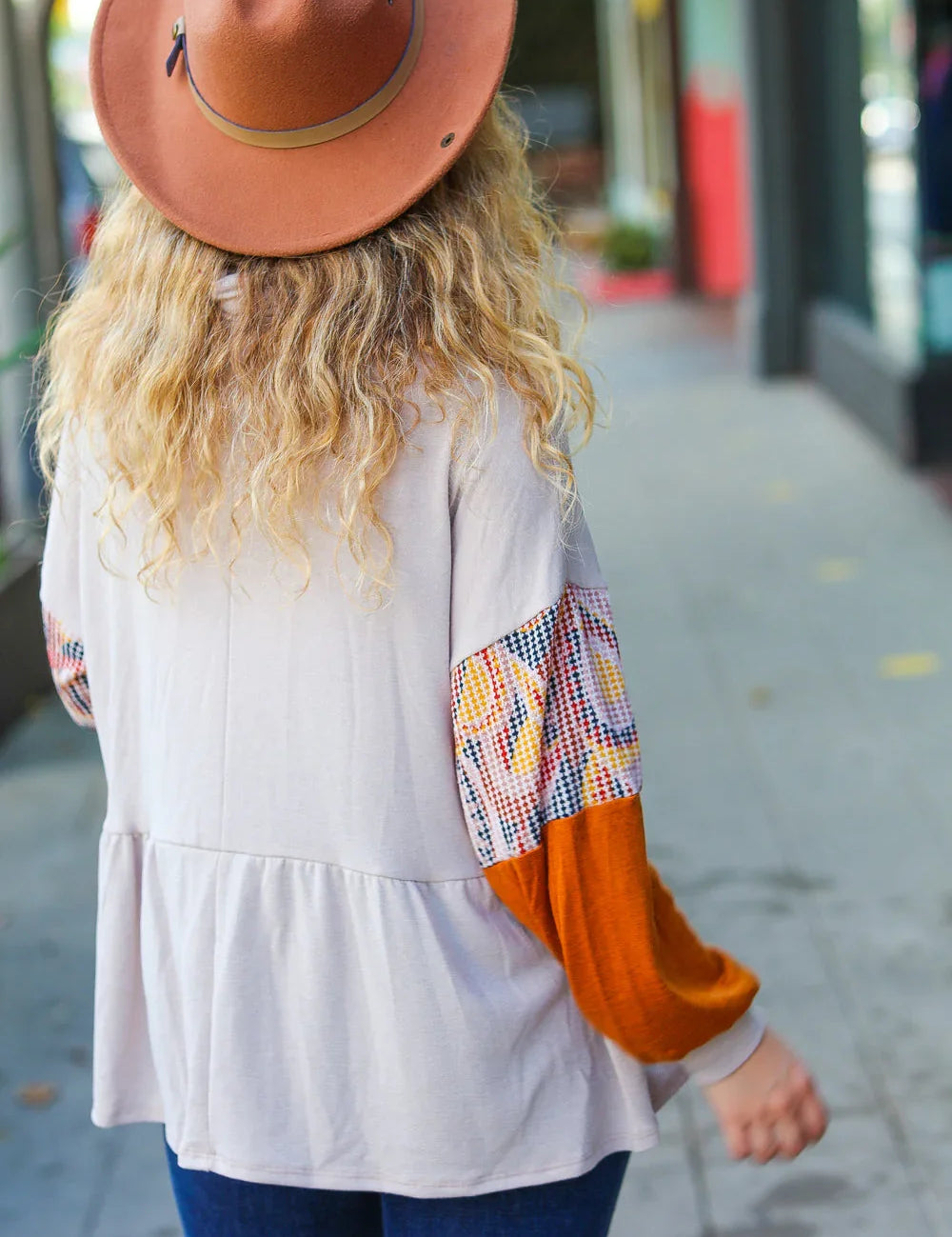 Taupe & Rust Turtleneck Babydoll Terry Top | Daverri Fashions