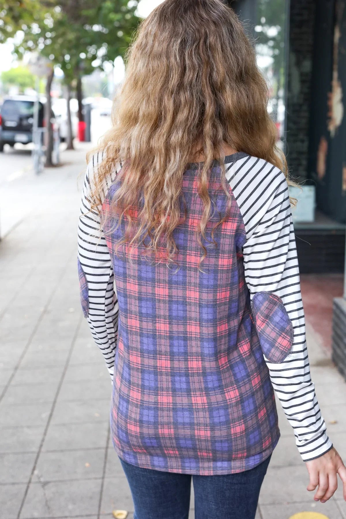 Feeling Playful Plaid/Stripe Outseam Stitch Elbow Patch Pullover | Daverri Fashions