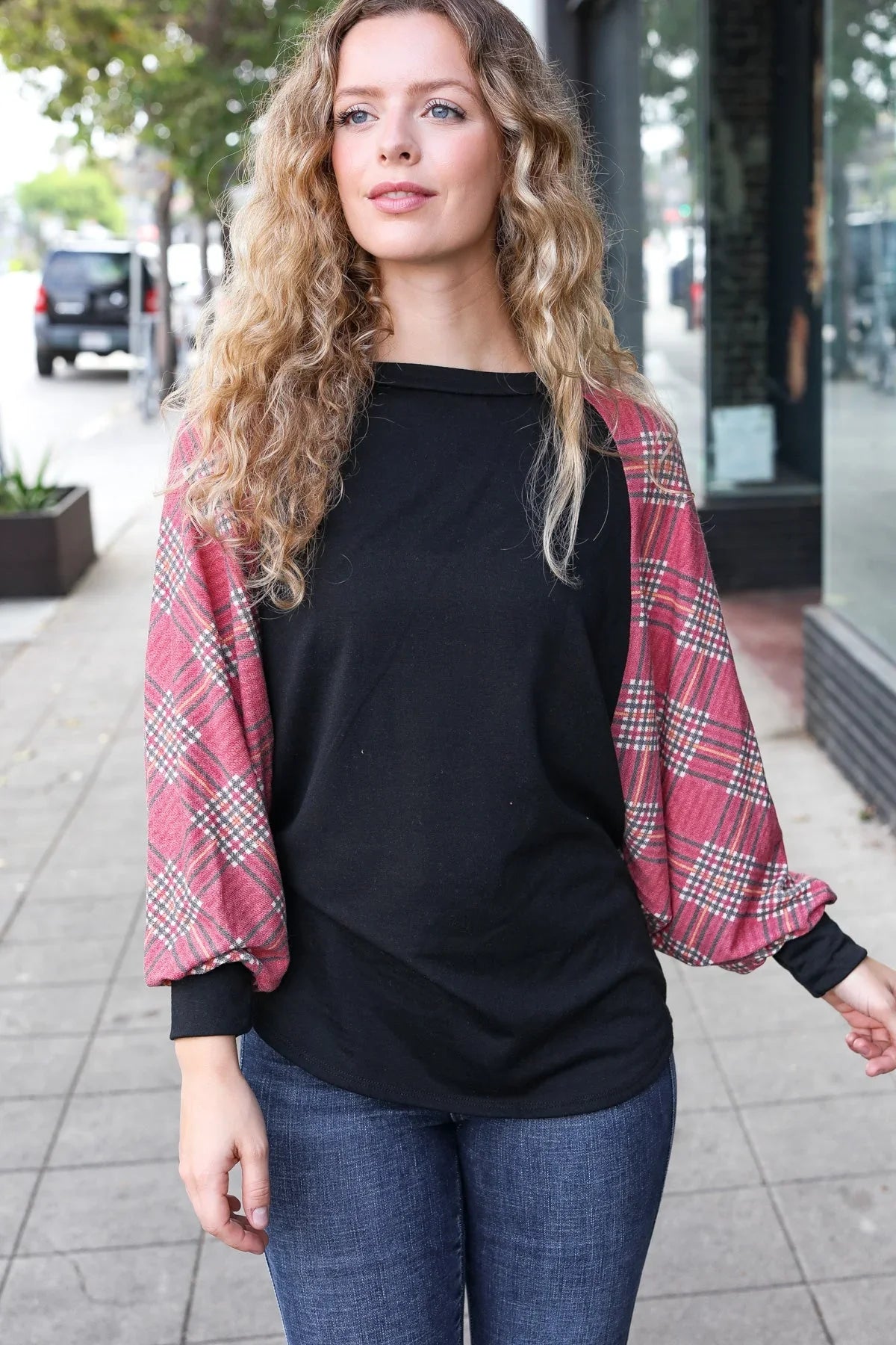 You Got This Burgundy Plaid Dolman Round Neck Top | 2024 Blow-Out Sale Daverri Fashions