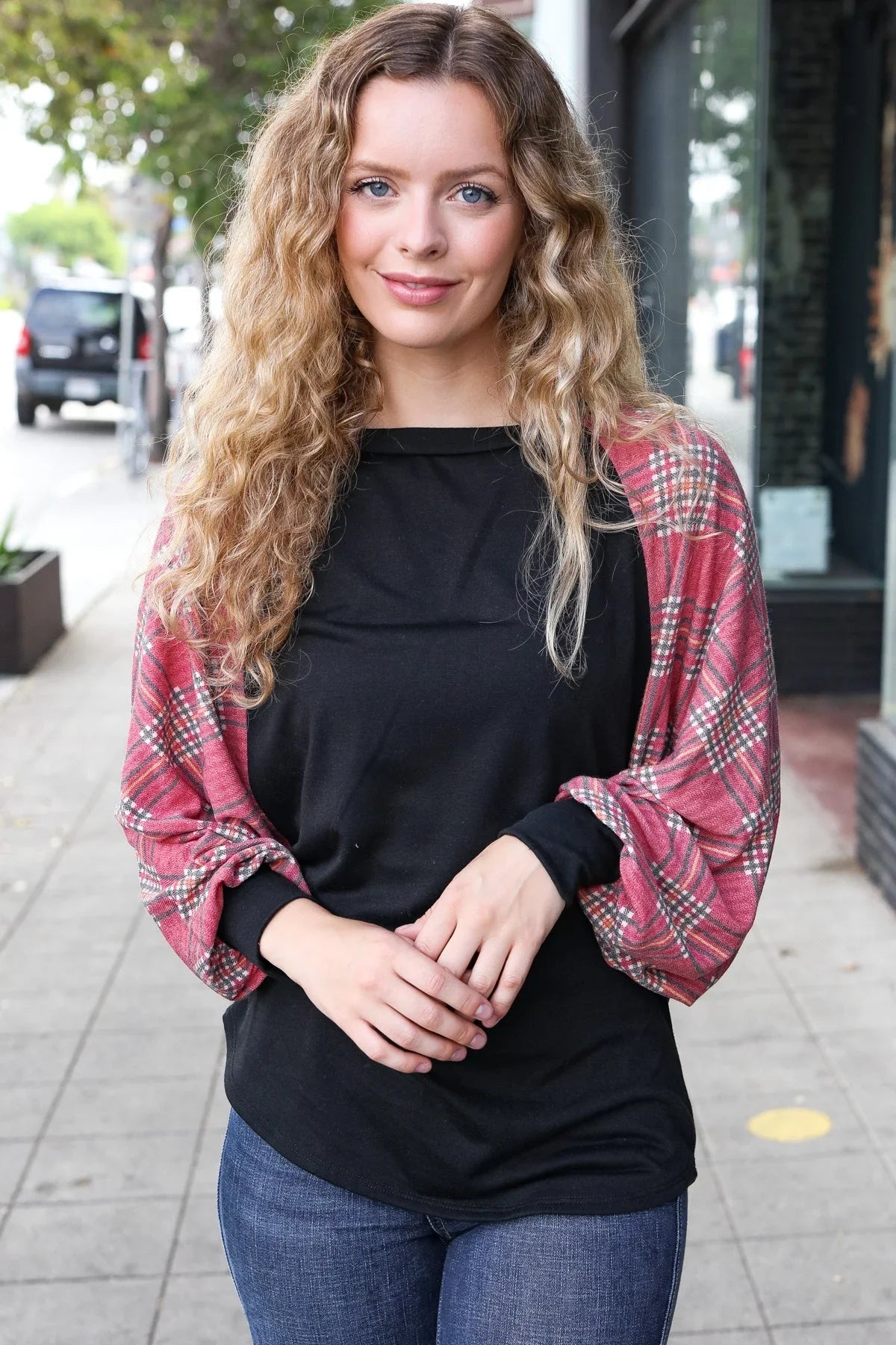 You Got This Burgundy Plaid Dolman Round Neck Top | 2024 Blow-Out Sale Daverri Fashions