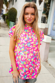 Feeling Femme in Pink Floral Print Frill Mock Neck Blouse | Daverri Fashions