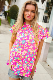 Feeling Femme in Pink Floral Print Frill Mock Neck Blouse | Daverri Fashions