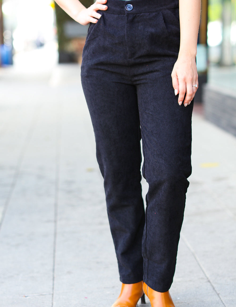 Going Your Way Black Corduroy High Rise Tapered Leg Pants | Daverri Fashions