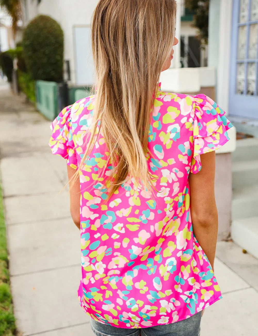 Feeling Femme in Pink Floral Print Frill Mock Neck Blouse | Daverri Fashions