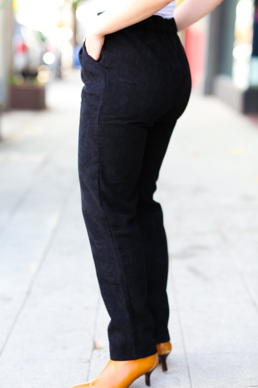 Going Your Way Black Corduroy High Rise Tapered Leg Pants | Daverri Fashions