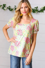 Canary/Mint Floral Square Neck Bubble Sleeve Top | Daverri Fashions