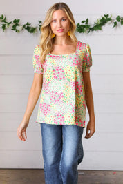 Canary/Mint Floral Square Neck Bubble Sleeve Top | Daverri Fashions