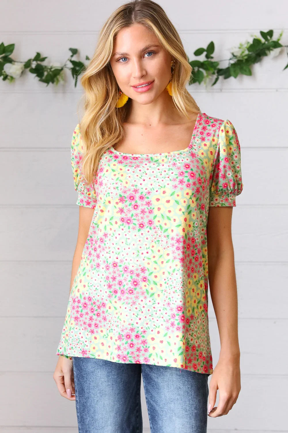 Canary/Mint Floral Square Neck Bubble Sleeve Top | Daverri Fashions