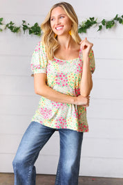 Canary/Mint Floral Square Neck Bubble Sleeve Top | Daverri Fashions