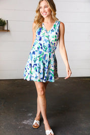 Lovely In Green & Blue Floral Sleeveless Surplice Romper | 07-01-25 Summer Sale Daverri Fashions
