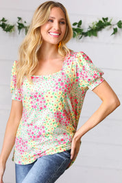 Canary/Mint Floral Square Neck Bubble Sleeve Top | Daverri Fashions