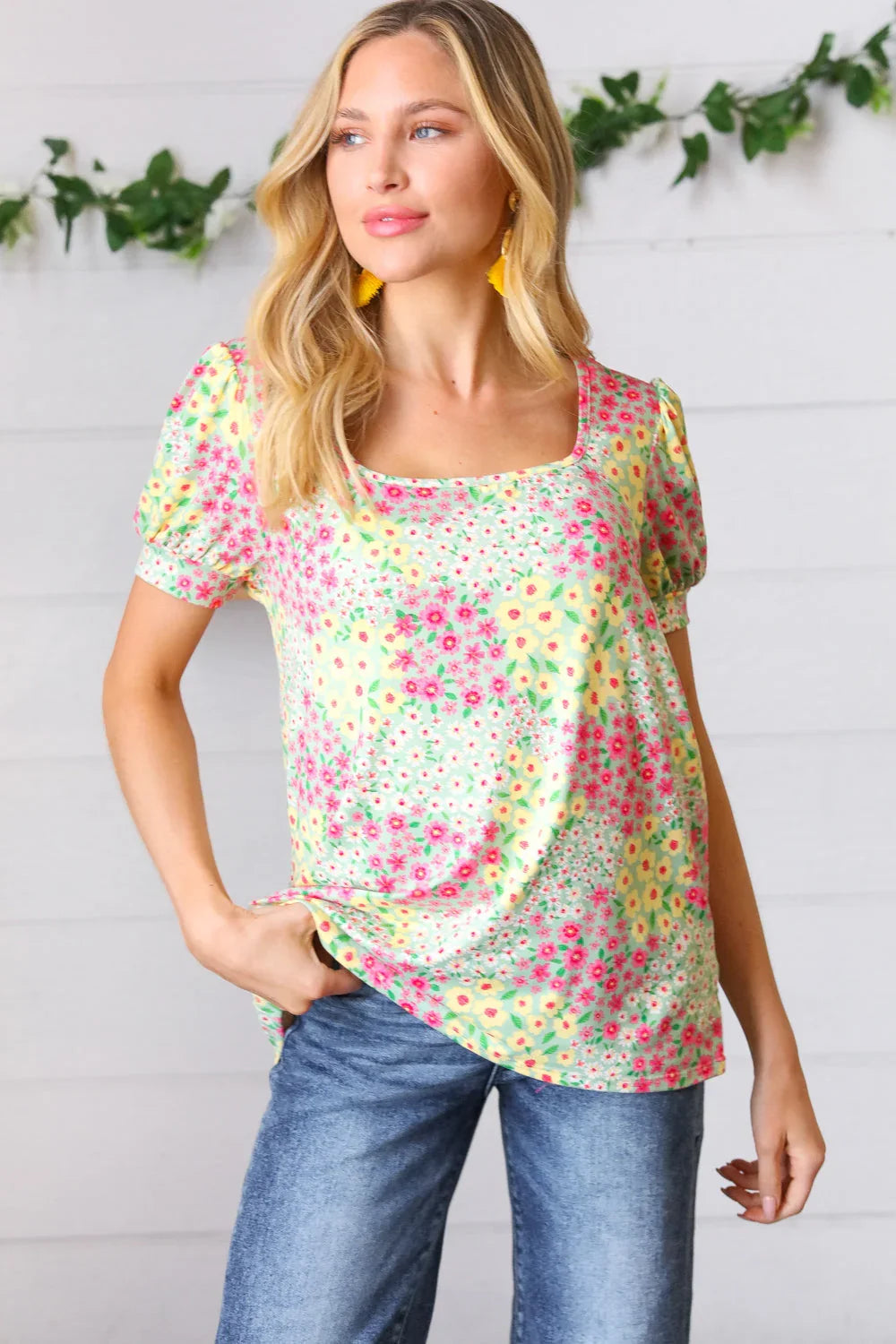 Canary/Mint Floral Square Neck Bubble Sleeve Top | Daverri Fashions