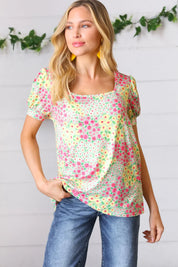 Canary/Mint Floral Square Neck Bubble Sleeve Top | Daverri Fashions