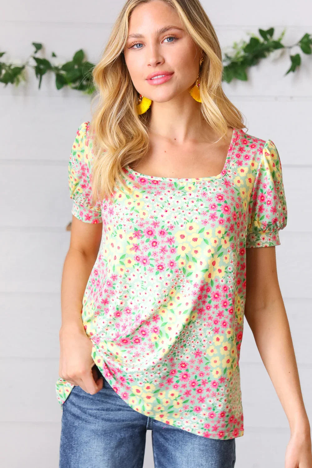 Canary/Mint Floral Square Neck Bubble Sleeve Top | Daverri Fashions