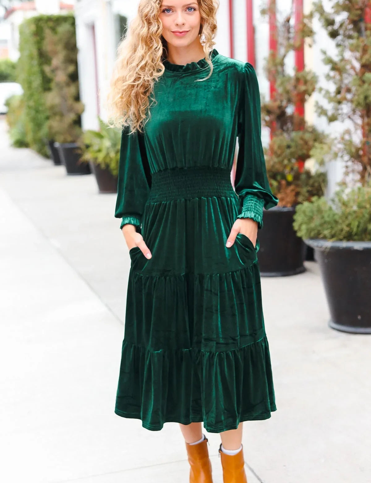 Holiday Dreaming Hunter Green Velvet Mock Neck Smocked Waist Dress | 2024 Blow-Out Sale Daverri Fashions