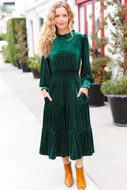 Holiday Dreaming Hunter Green Velvet Mock Neck Smocked Waist Dress | 2024 Blow-Out Sale Daverri Fashions