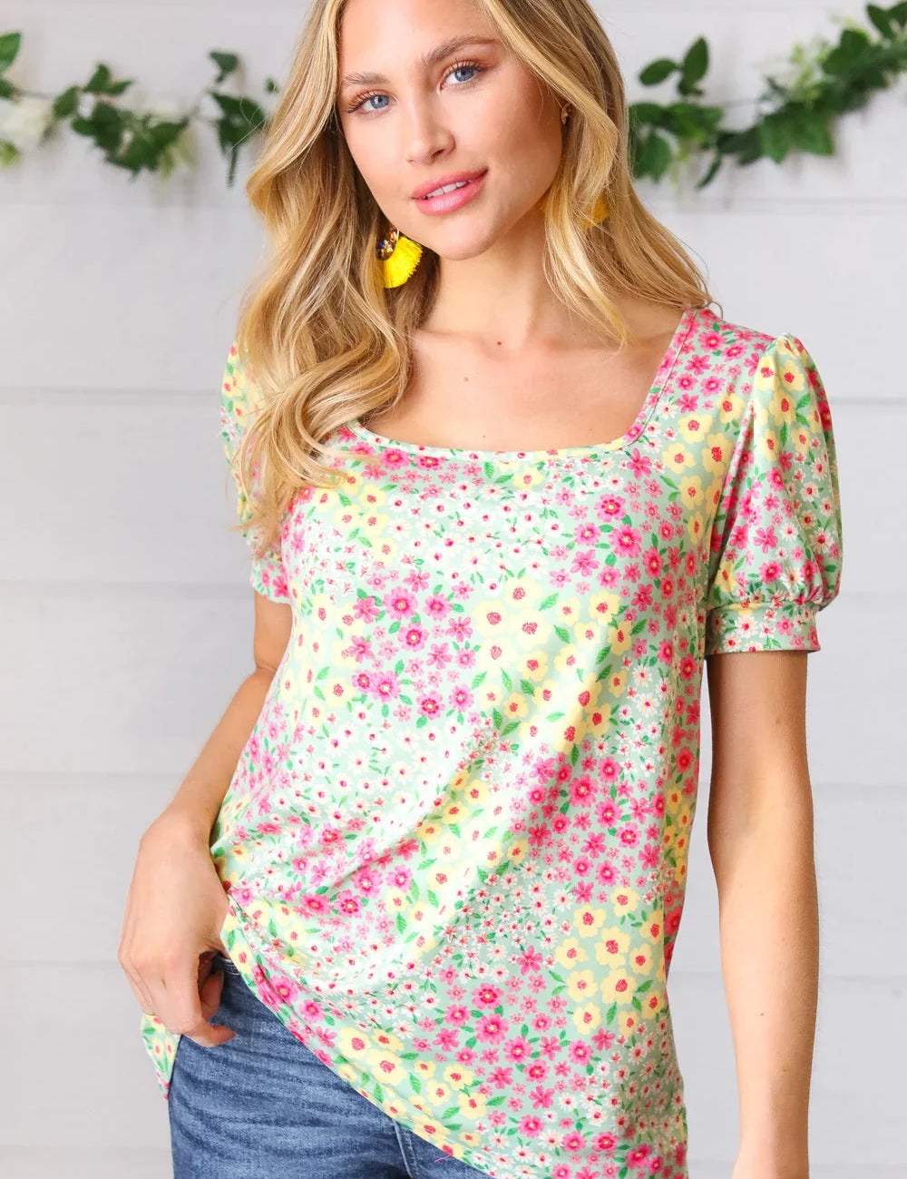 Mint Floral Square Neck Bubble Sleeve Top | Daverri Fashions