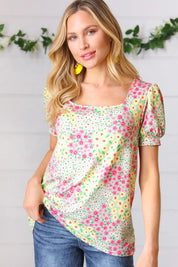 Canary/Mint Floral Square Neck Bubble Sleeve Top | Daverri Fashions