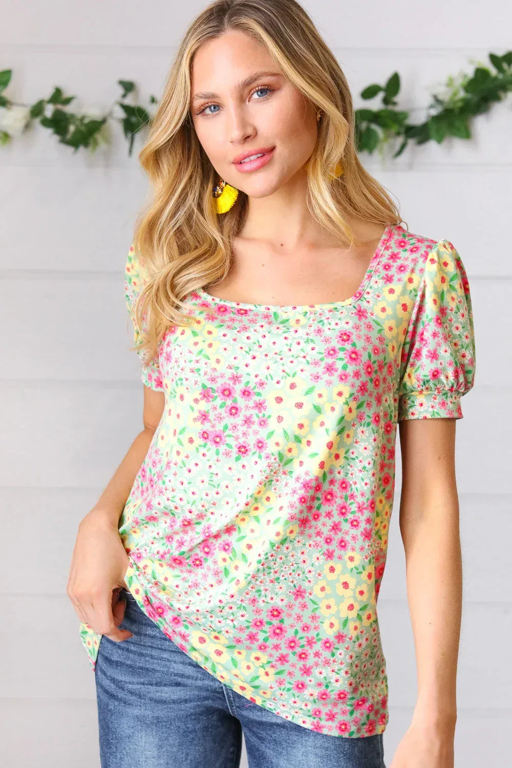Canary/Mint Floral Square Neck Bubble Sleeve Top - DAVERRI FASHIONS