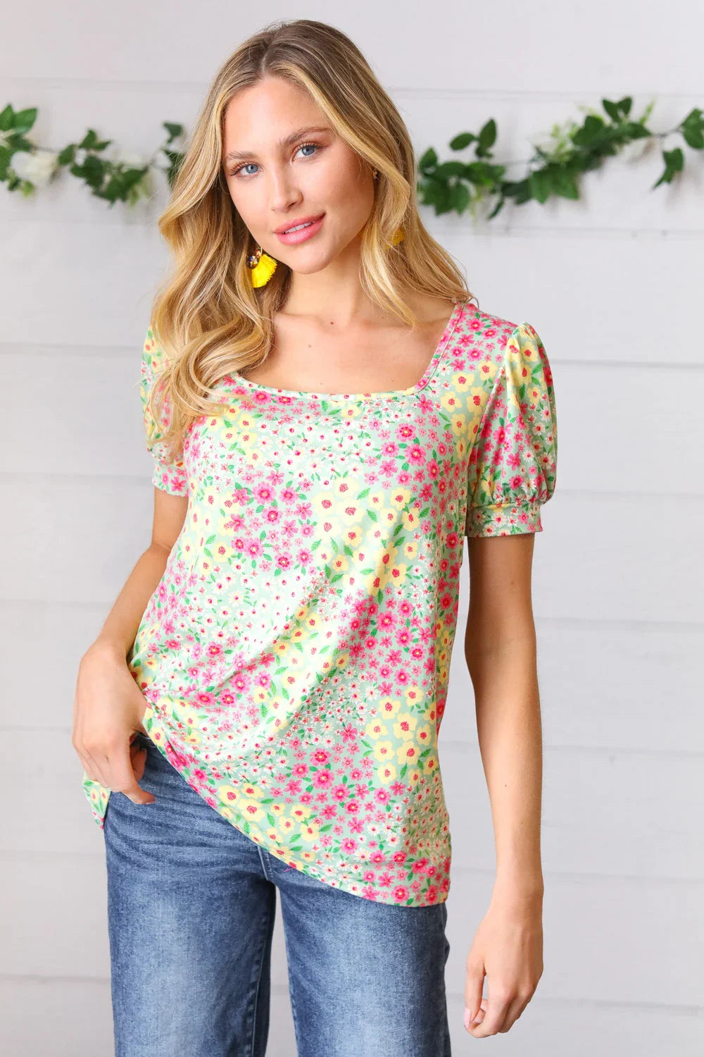 Canary/Mint Floral Square Neck Bubble Sleeve Top | Daverri Fashions