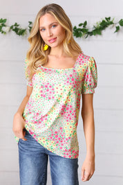 Canary/Mint Floral Square Neck Bubble Sleeve Top | Daverri Fashions