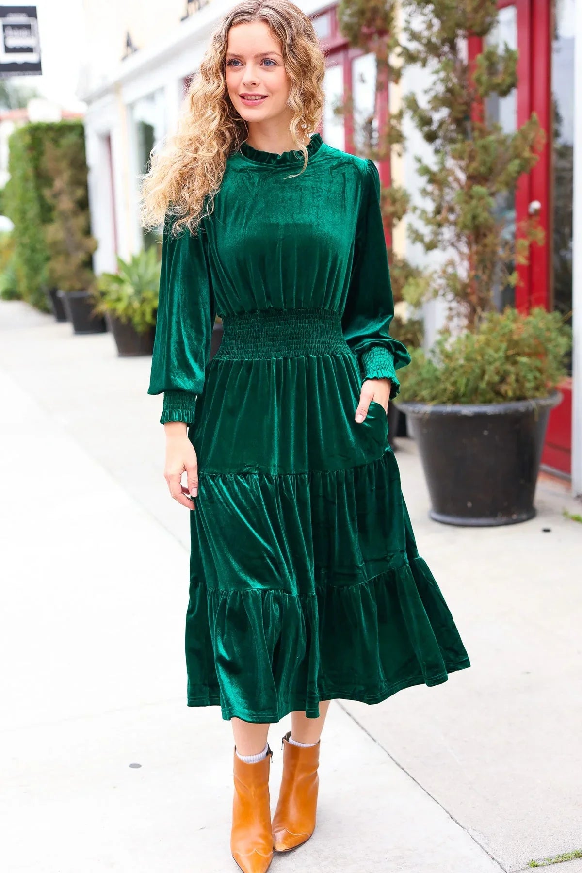 Holiday Dreaming Hunter Green Velvet Mock Neck Smocked Waist Dress | 2024 Blow-Out Sale Daverri Fashions