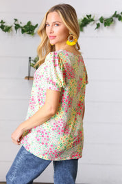 Canary/Mint Floral Square Neck Bubble Sleeve Top | Daverri Fashions