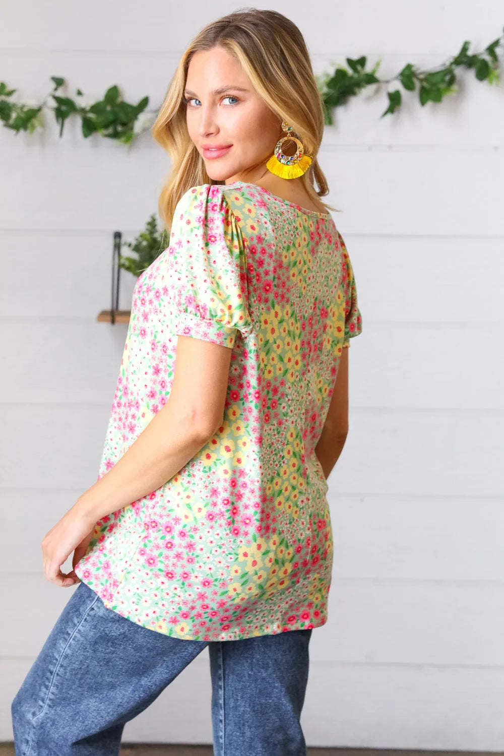 Canary/Mint Floral Square Neck Bubble Sleeve Top | Daverri Fashions