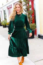 Holiday Dreaming Hunter Green Velvet Mock Neck Smocked Waist Dress | 2024 Blow-Out Sale Daverri Fashions