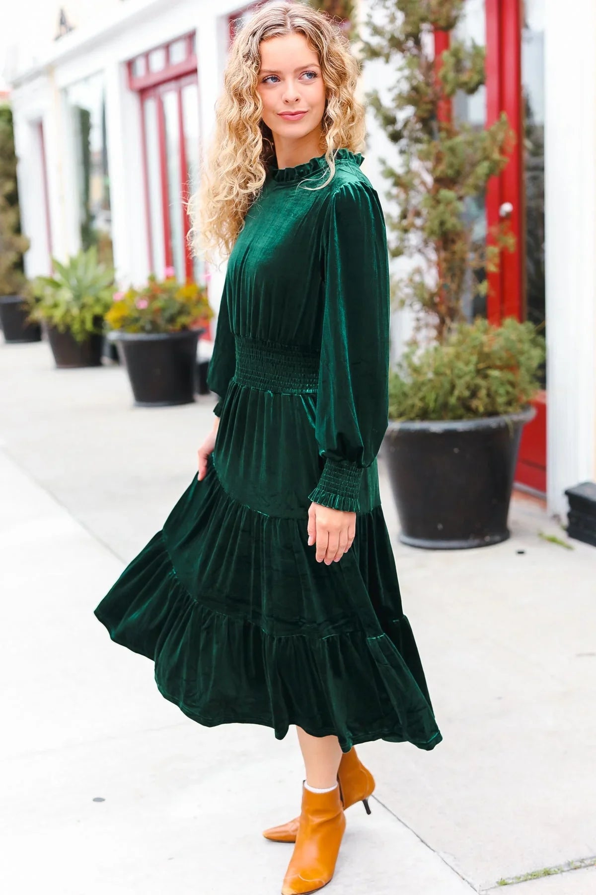 Holiday Dreaming Hunter Green Velvet Mock Neck Smocked Waist Dress | 2024 Blow-Out Sale Daverri Fashions