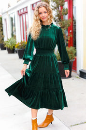 Holiday Dreaming Hunter Green Velvet Mock Neck Smocked Waist Dress | 2024 Blow-Out Sale Daverri Fashions