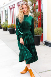 Holiday Dreaming Hunter Green Velvet Mock Neck Smocked Waist Dress | 2024 Blow-Out Sale Daverri Fashions