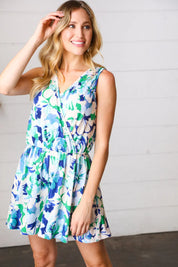 Lovely In Green & Blue Floral Sleeveless Surplice Romper | 07-01-25 Summer Sale Daverri Fashions