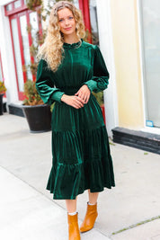 Holiday Dreaming Hunter Green Velvet Mock Neck Smocked Waist Dress | 2024 Blow-Out Sale Daverri Fashions