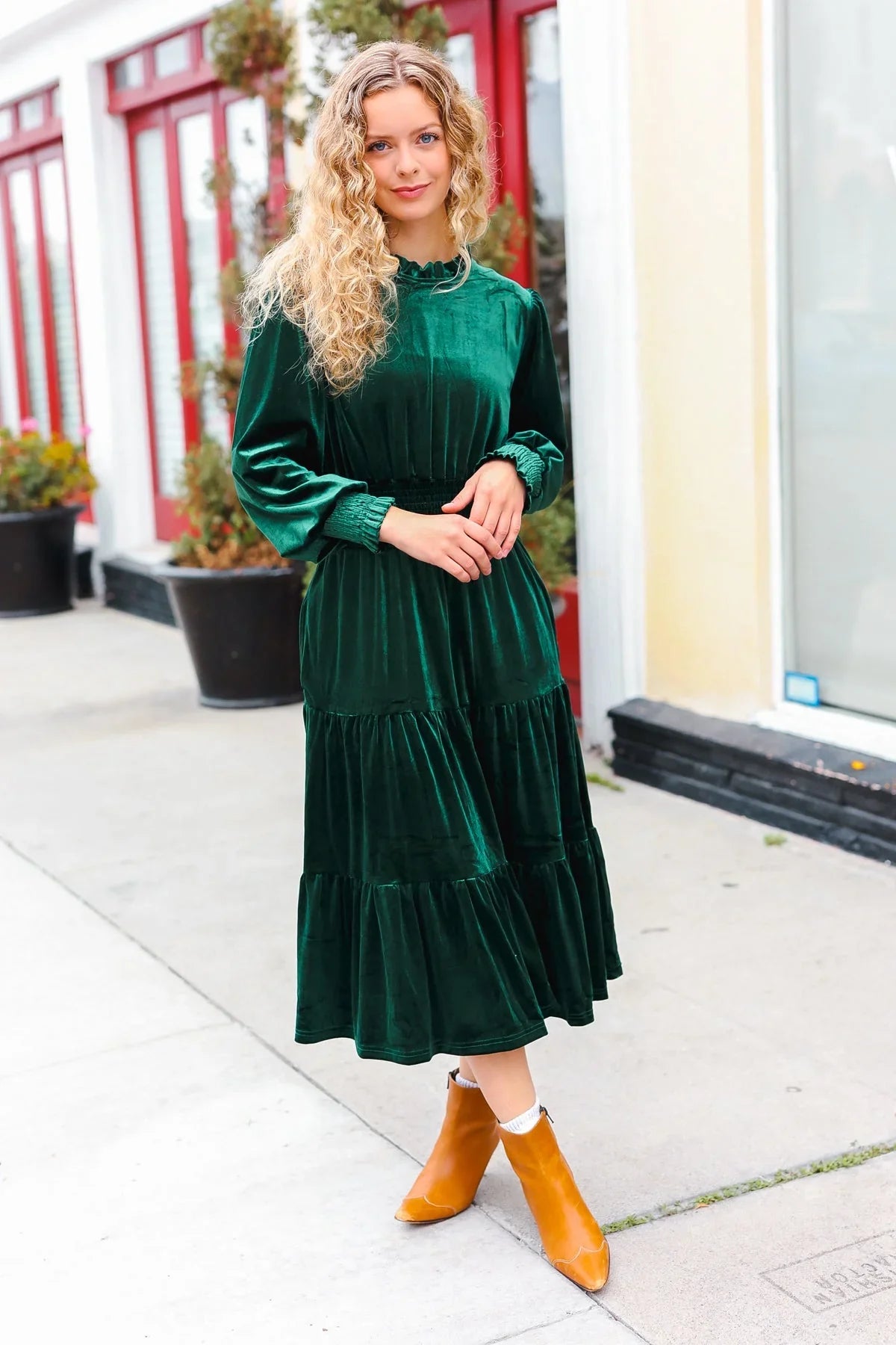 Holiday Dreaming Hunter Green Velvet Mock Neck Smocked Waist Dress | 2024 Blow-Out Sale Daverri Fashions