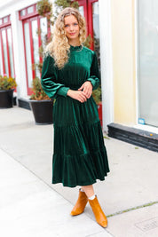 Holiday Dreaming Hunter Green Velvet Mock Neck Smocked Waist Dress | 2024 Blow-Out Sale Daverri Fashions