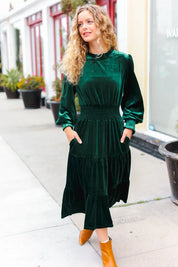Holiday Dreaming Hunter Green Velvet Mock Neck Smocked Waist Dress | 2024 Blow-Out Sale Daverri Fashions